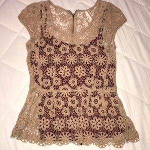 Tan Lace Peplum Top With Maroon Underlying